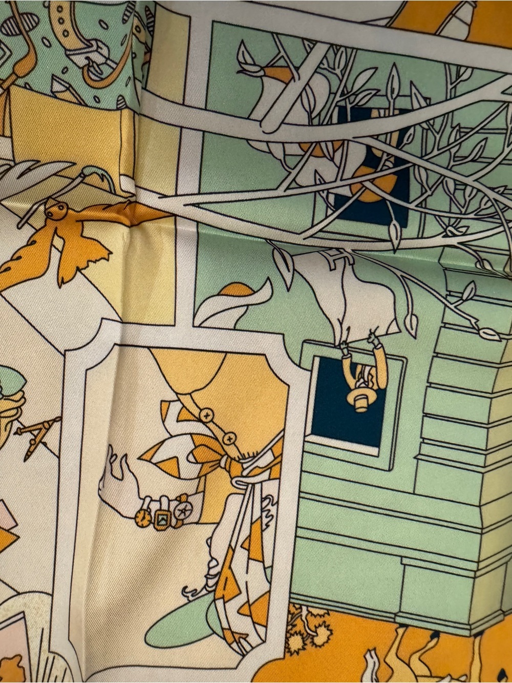 Luxury 90cm Silk Scarf in Orange, Cream & Mint - Picture 3 of 8